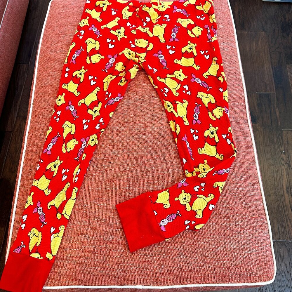 Official Disney Pooh Women's Pajamas 2 piece XL Waffle Knit Red, Gold White